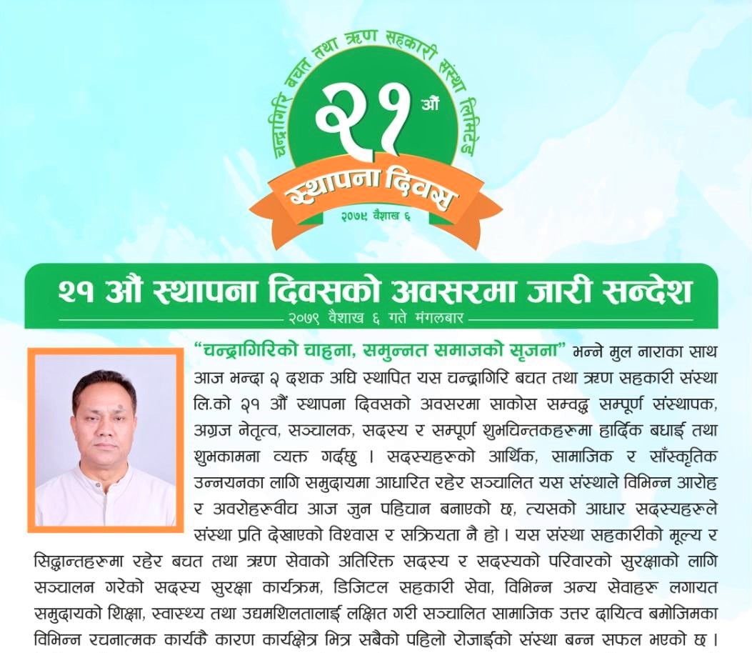 चन्द्रागिरि साकोसको २१औं स्थापना दिवस, अध्यक्षद्वारा शुभकामना सन्देश