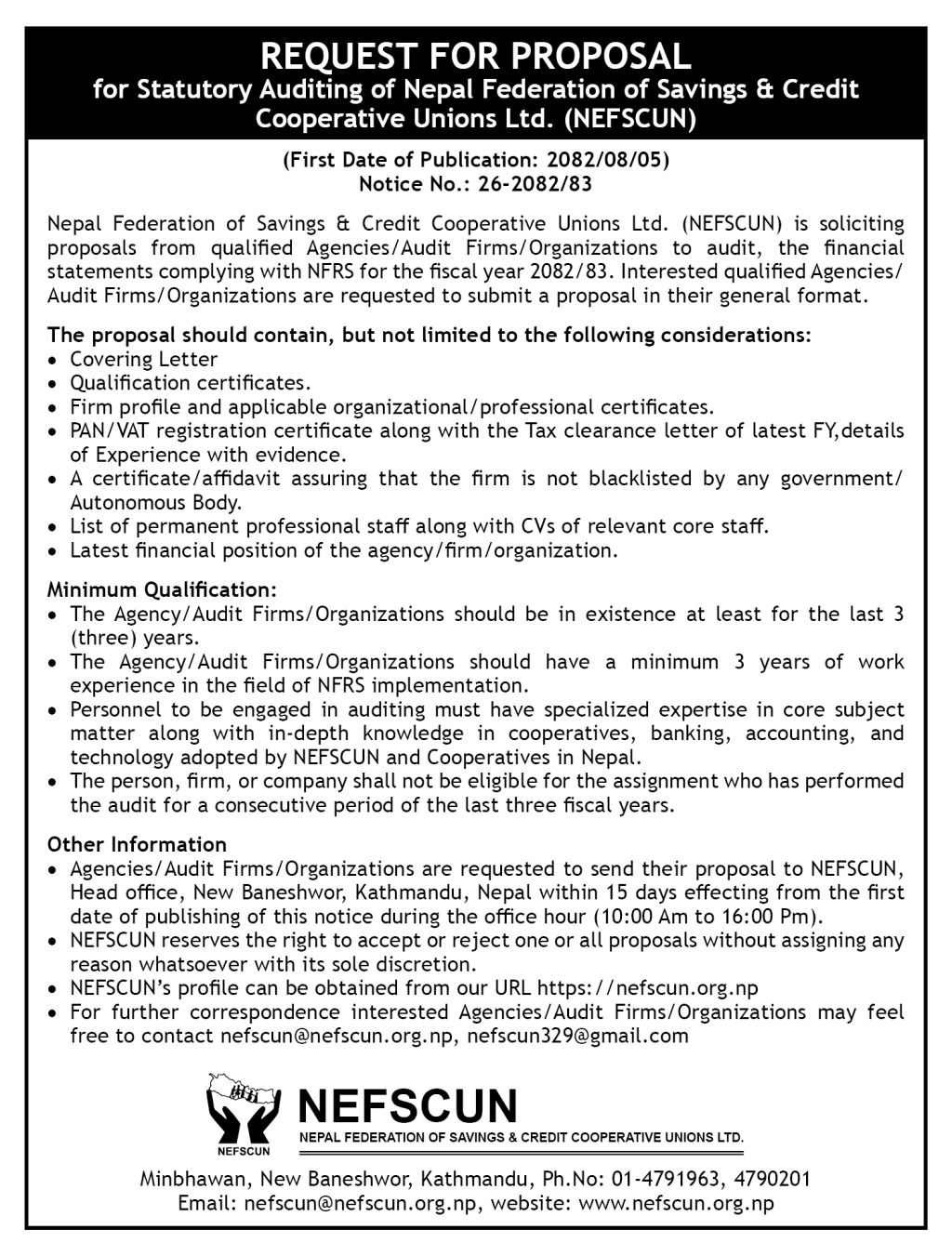 REQUEST FOR PROPOSAL:  for statutory auditing of nepal federations of savings & credit cooperative unions Ltd.(NEFSCUN)